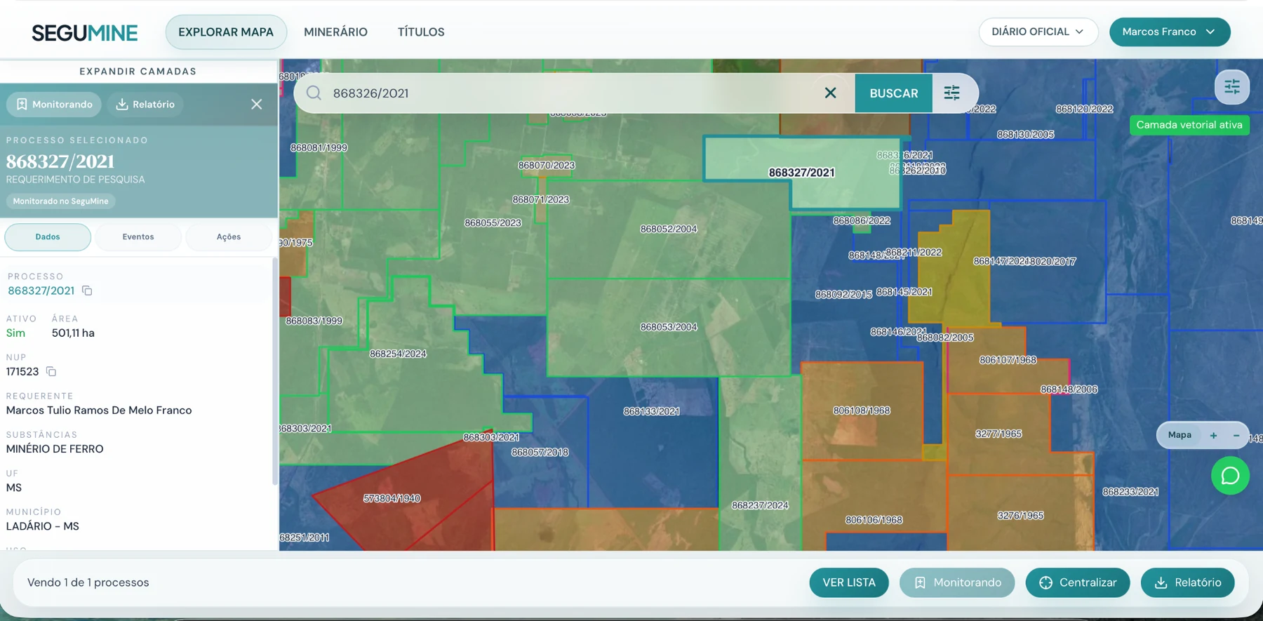 Tela real da SEGUMINE com mapa e processos minerários